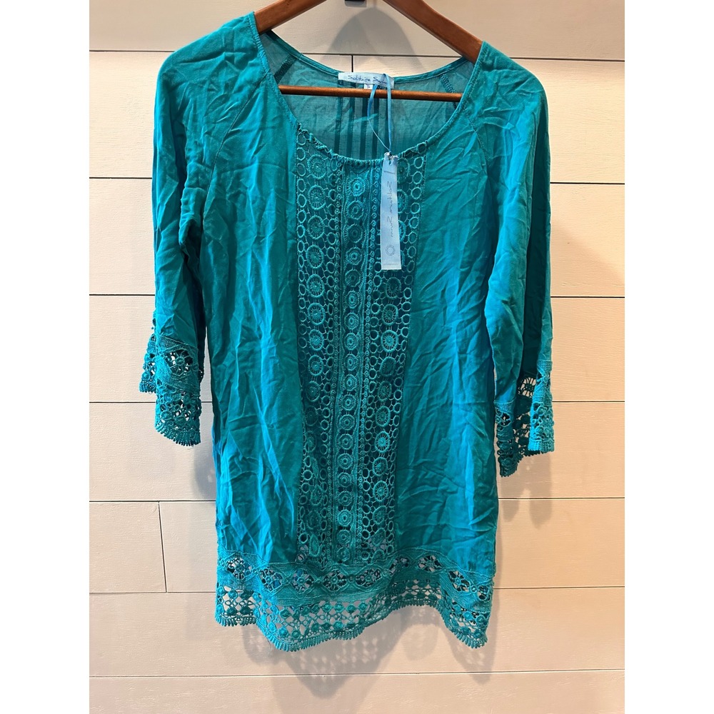 Solitaire Swim Teal Blue Crochet Lace Trim Tunic Cover Up Womens Small 12-0526